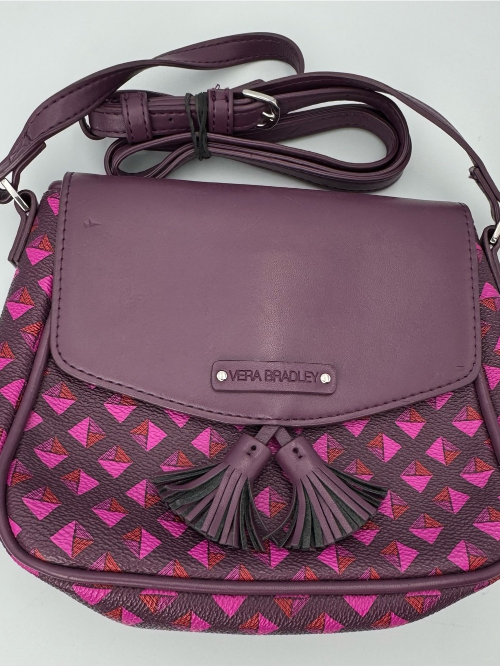 Vera Bradley Crossbody Bag Purple Pink Geometric Tassel Small Shoulder Purse